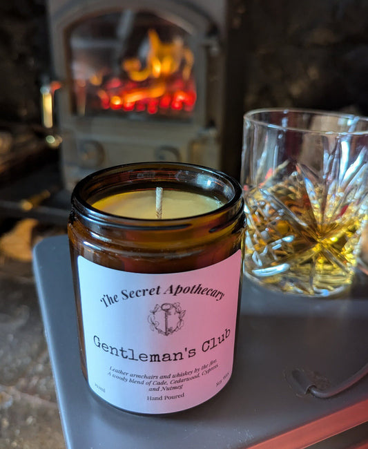 Gentleman's Club Luxury Scented Candle - 100% organic soy wax candle with premium essential oils in amber glass jar. Eco friendly.