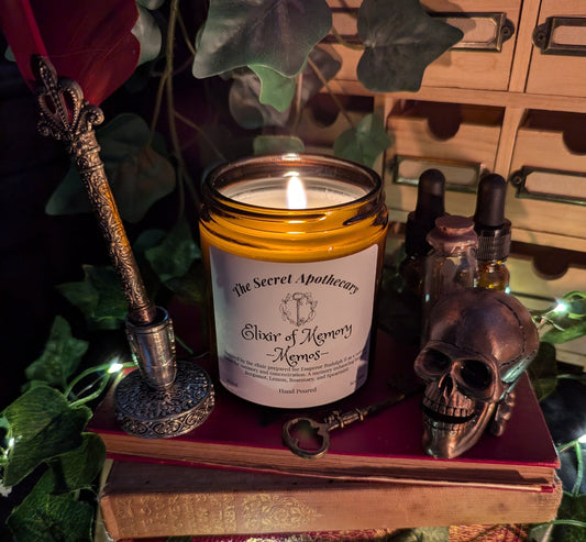 Elixir of Memory - Memos - Luxury Scented Candle.Alchemist Range. 100% organic soy wax candle with premium essential oils in amber glass jar