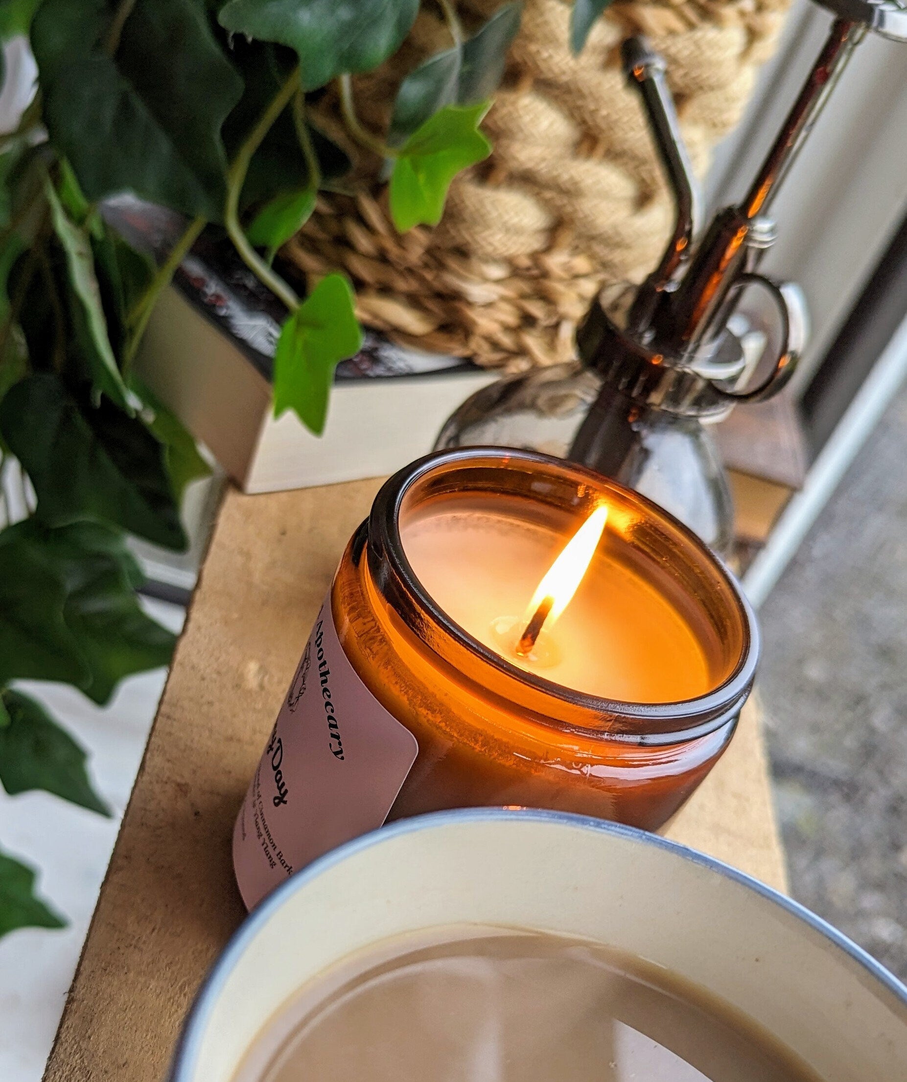 Rainy Day Luxury Scented Candle - 100% organic soy wax candle with premium essential oils in amber glass jar. Eco friendly.