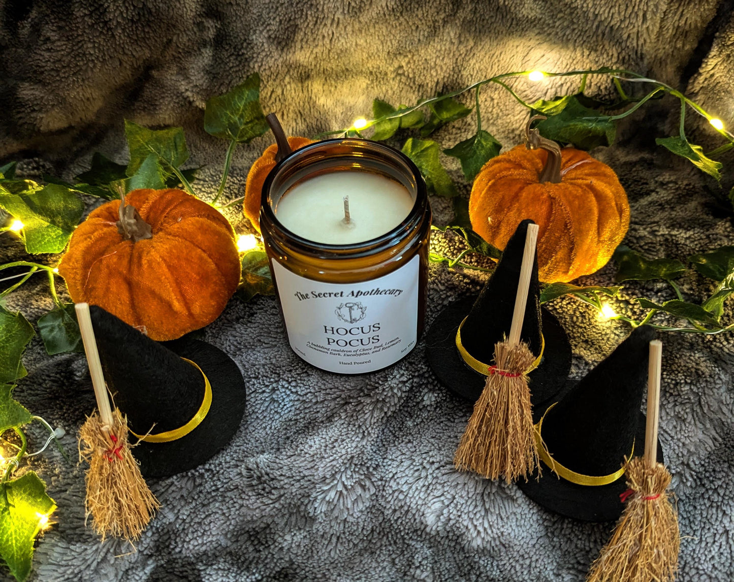 Hocus Pocus Luxury Scented Candle - 100% organic soy wax with premium essential oils in amber glass jar. Eco Friendly.