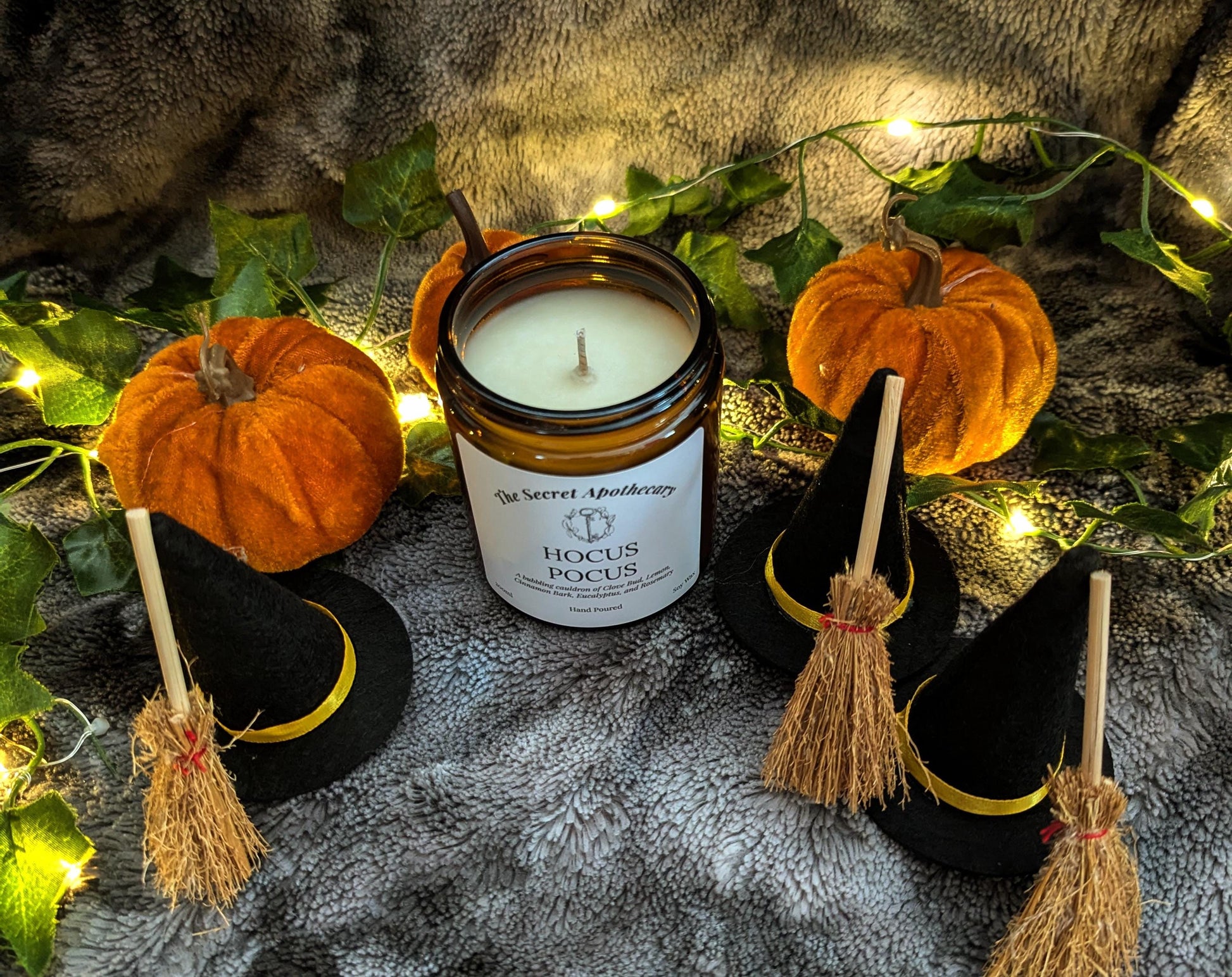 Hocus Pocus Luxury Scented Candle - 100% organic soy wax with premium essential oils in amber glass jar. Eco Friendly.