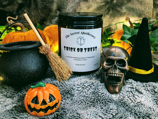 Trick or Treat Luxury Scented Candle - 100% Organic Soy Wax with Premium Essential Oils in Amber Glass Jar. Eco Friendly.