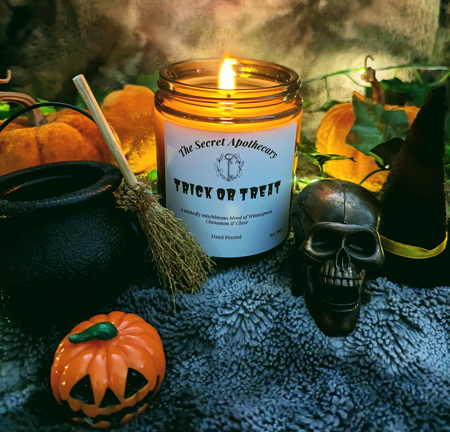 Trick or Treat Luxury Scented Candle - 100% Organic Soy Wax with Premium Essential Oils in Amber Glass Jar. Eco Friendly.