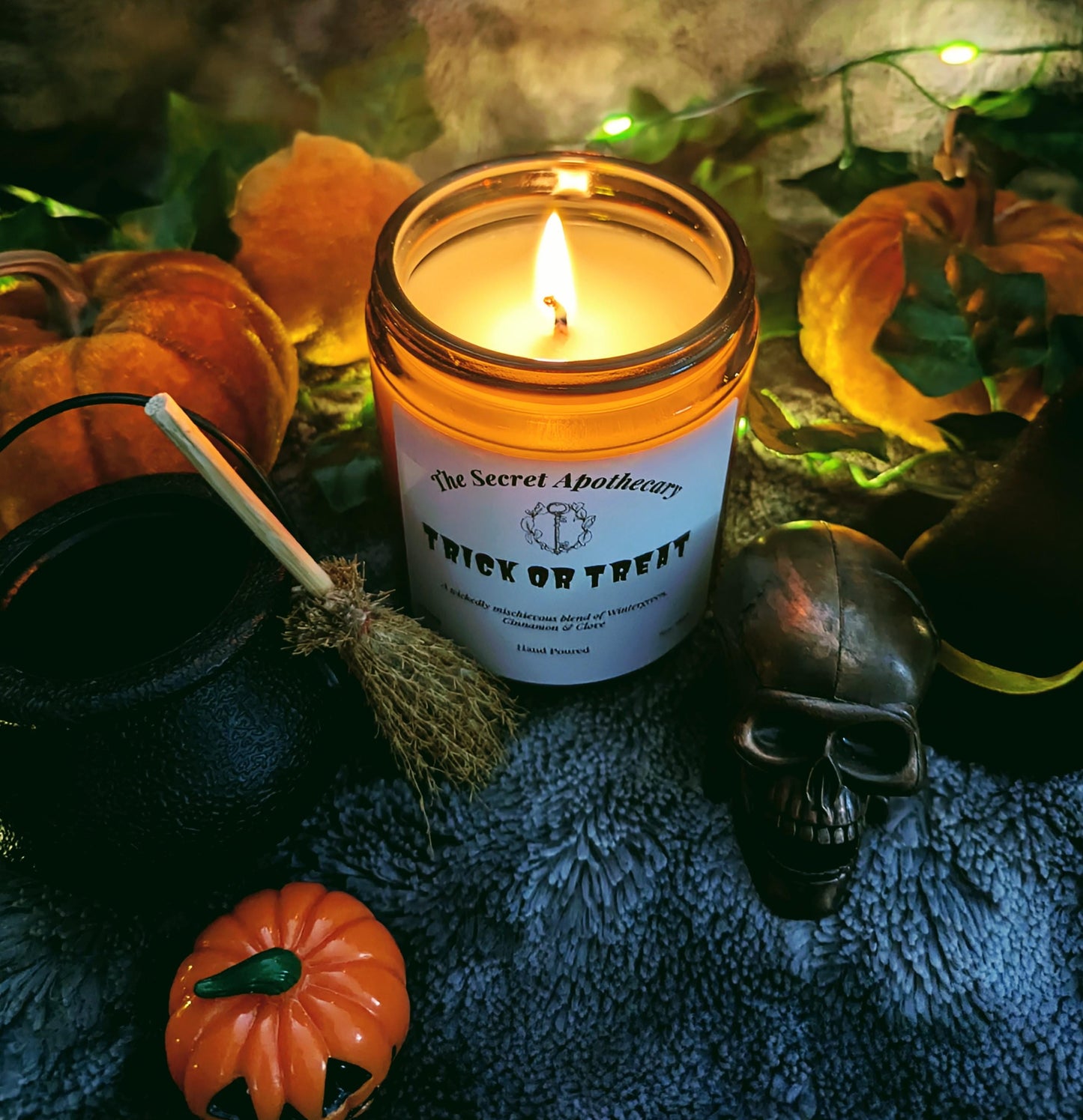 Trick or Treat Luxury Scented Candle - 100% Organic Soy Wax with Premium Essential Oils in Amber Glass Jar. Eco Friendly.