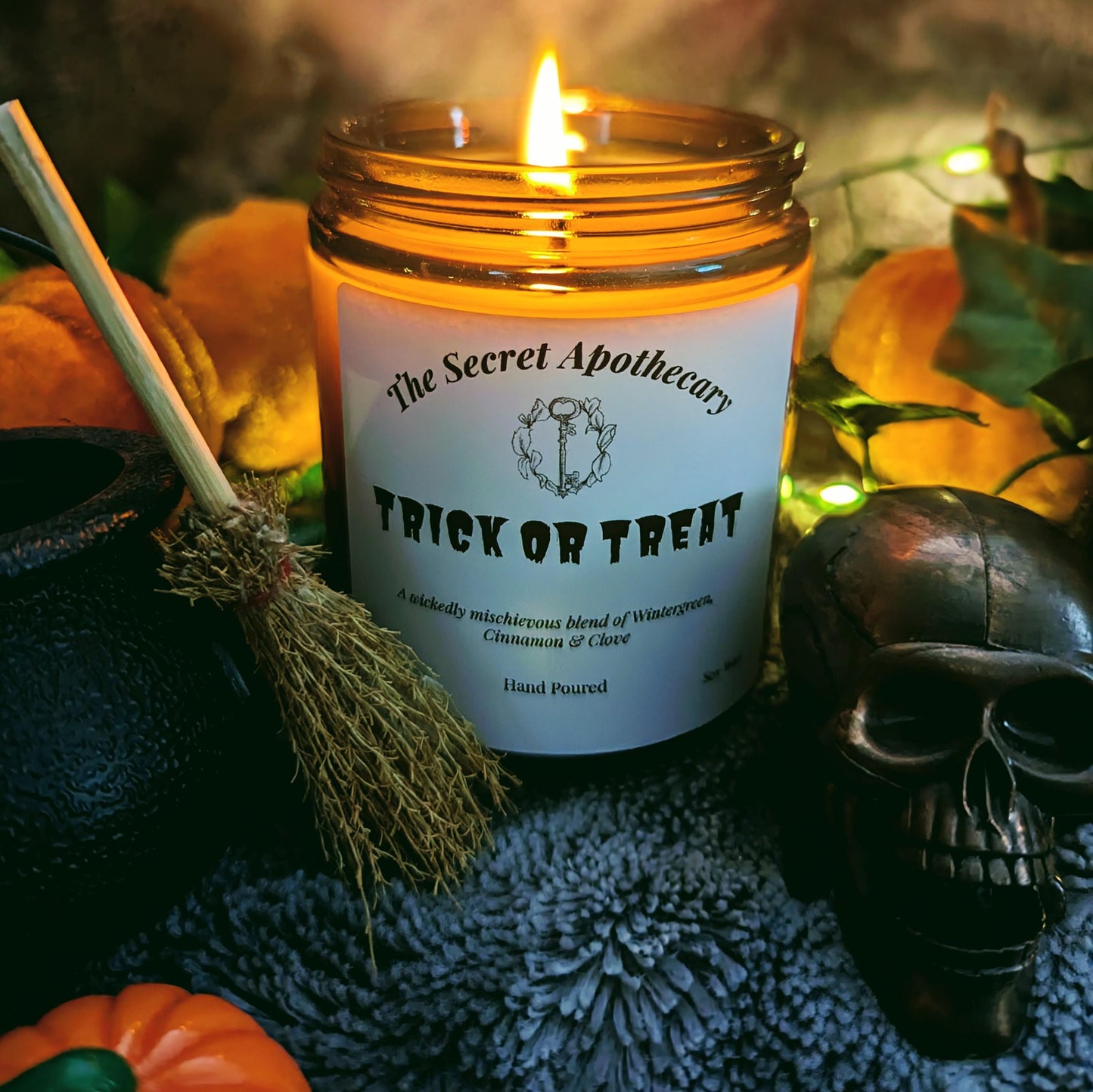 Trick or Treat Luxury Scented Candle - 100% Organic Soy Wax with Premium Essential Oils in Amber Glass Jar. Eco Friendly.