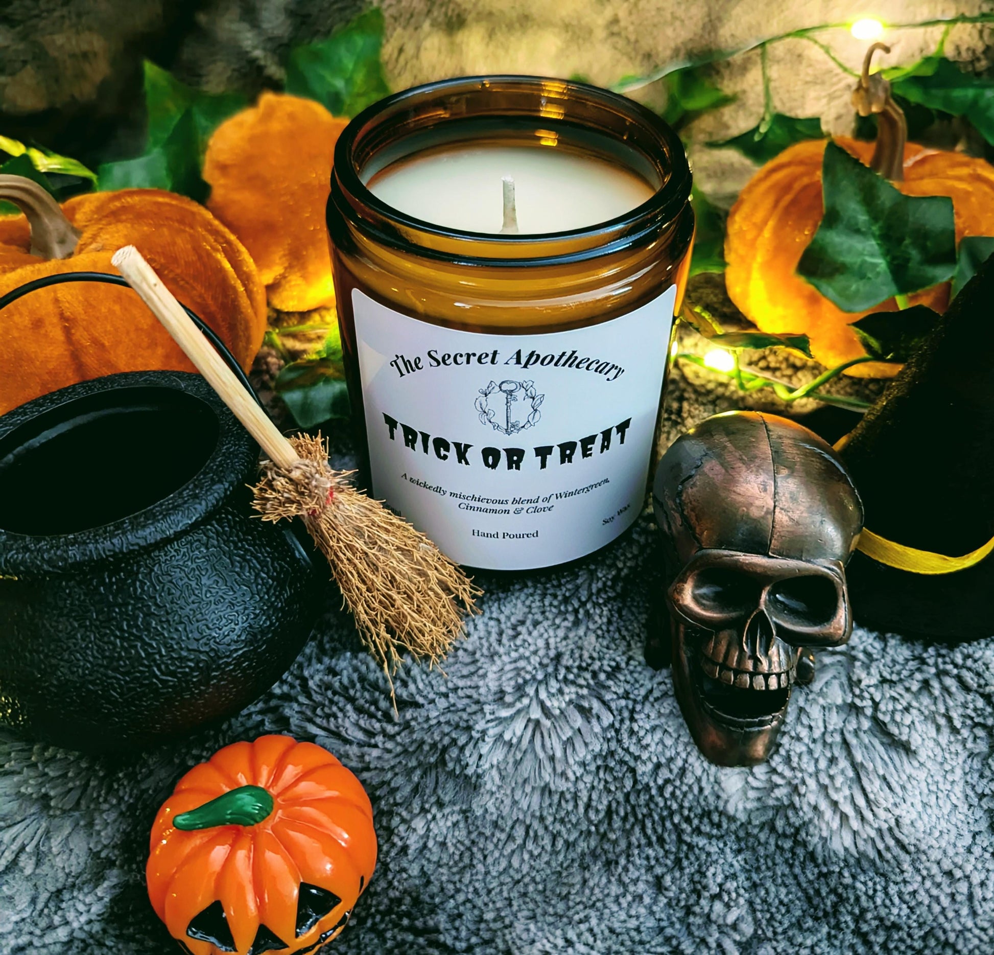 Trick or Treat Luxury Scented Candle - 100% Organic Soy Wax with Premium Essential Oils in Amber Glass Jar. Eco Friendly.