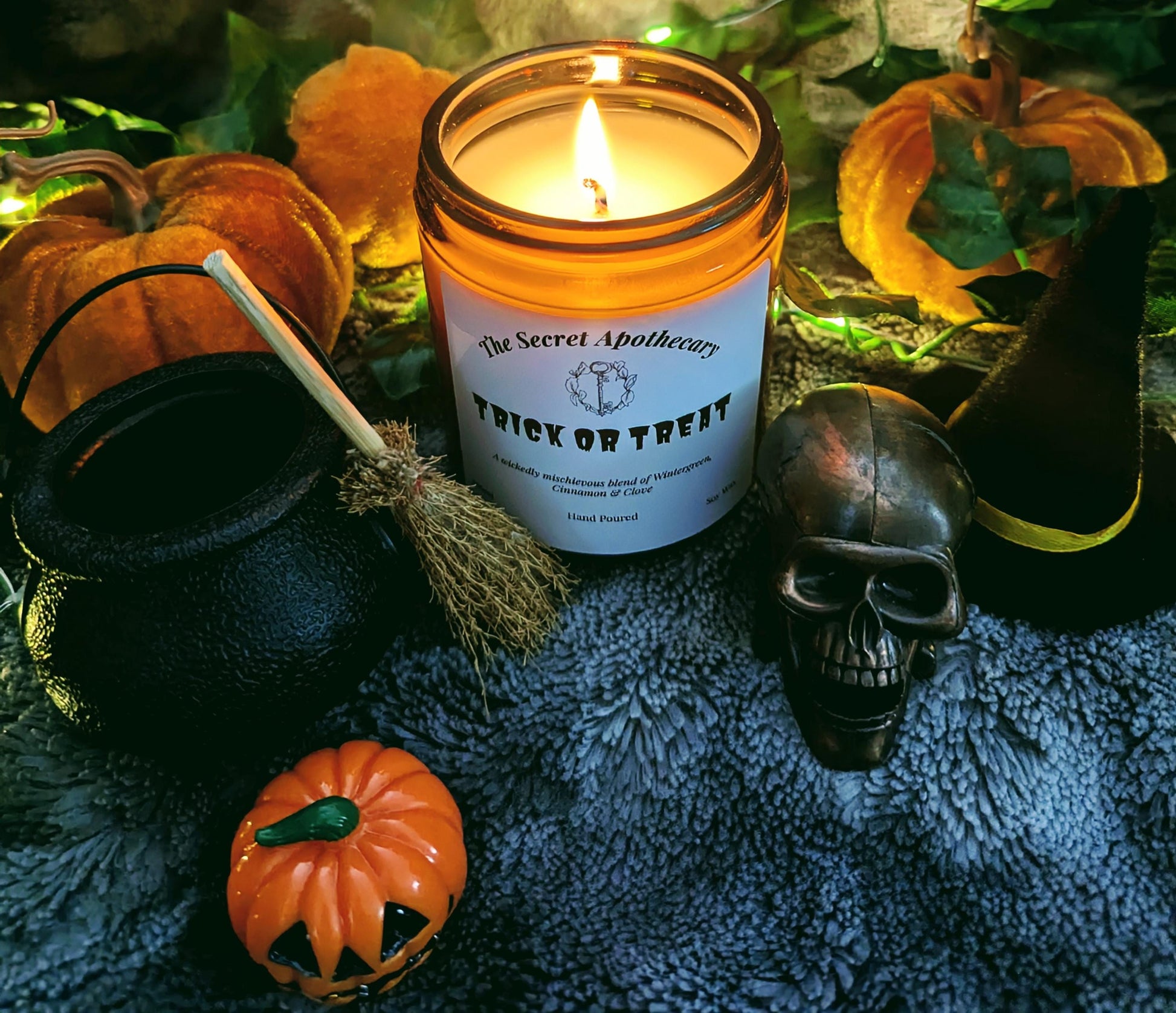 Trick or Treat Luxury Scented Candle - 100% Organic Soy Wax with Premium Essential Oils in Amber Glass Jar. Eco Friendly.