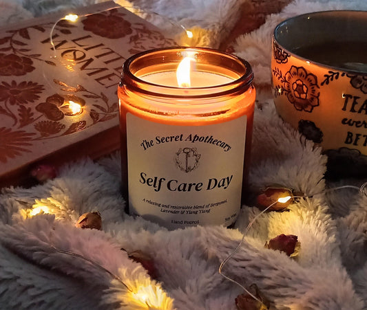 Self Care Day Luxury Scented Candle - 100% organic soy wax candle with premium essential oils in amber glass jar. Eco friendly.