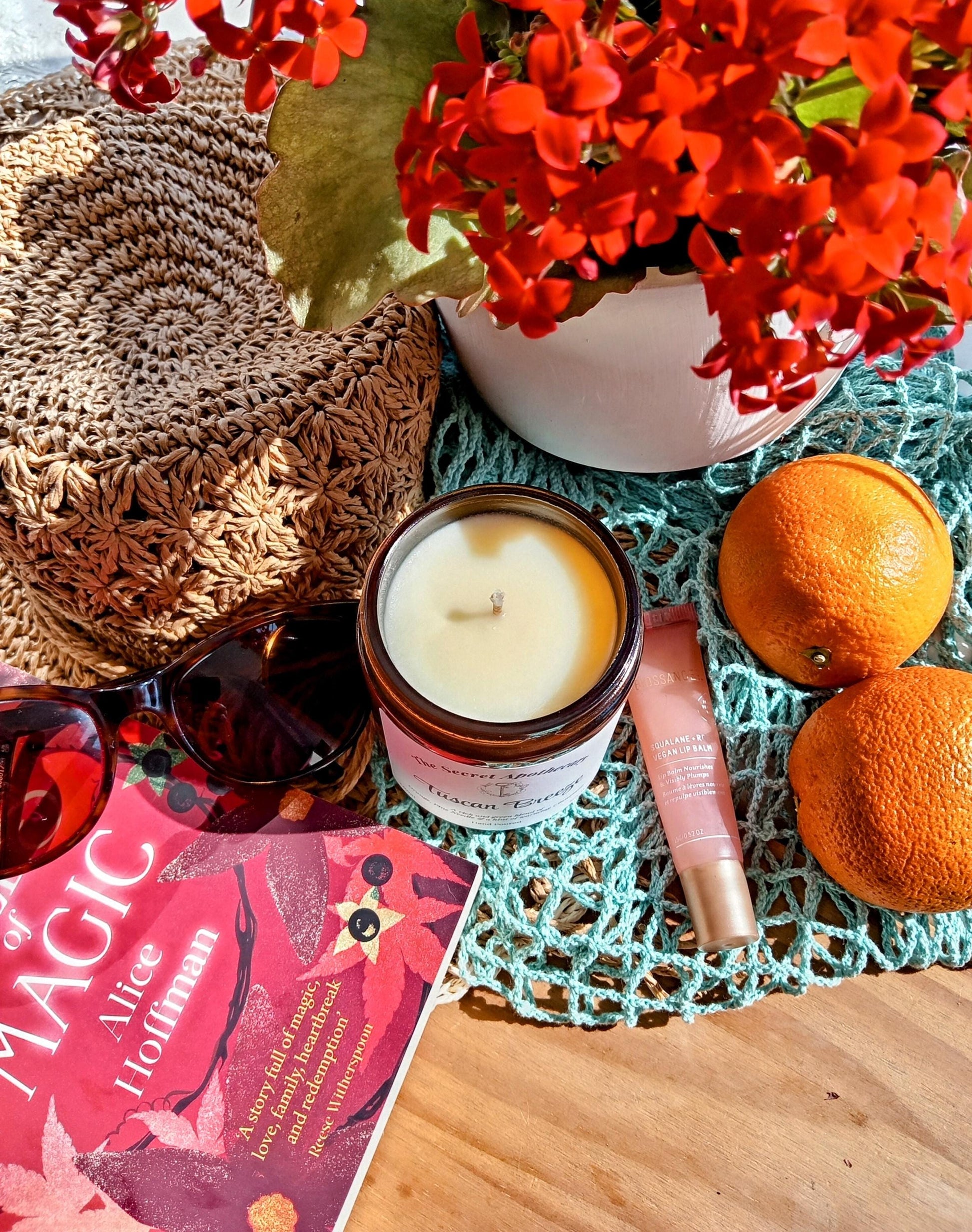 Tuscan Breeze - Luxury Scented Candle. 100% organic soy wax candle with premium essential oils in amber glass jar.