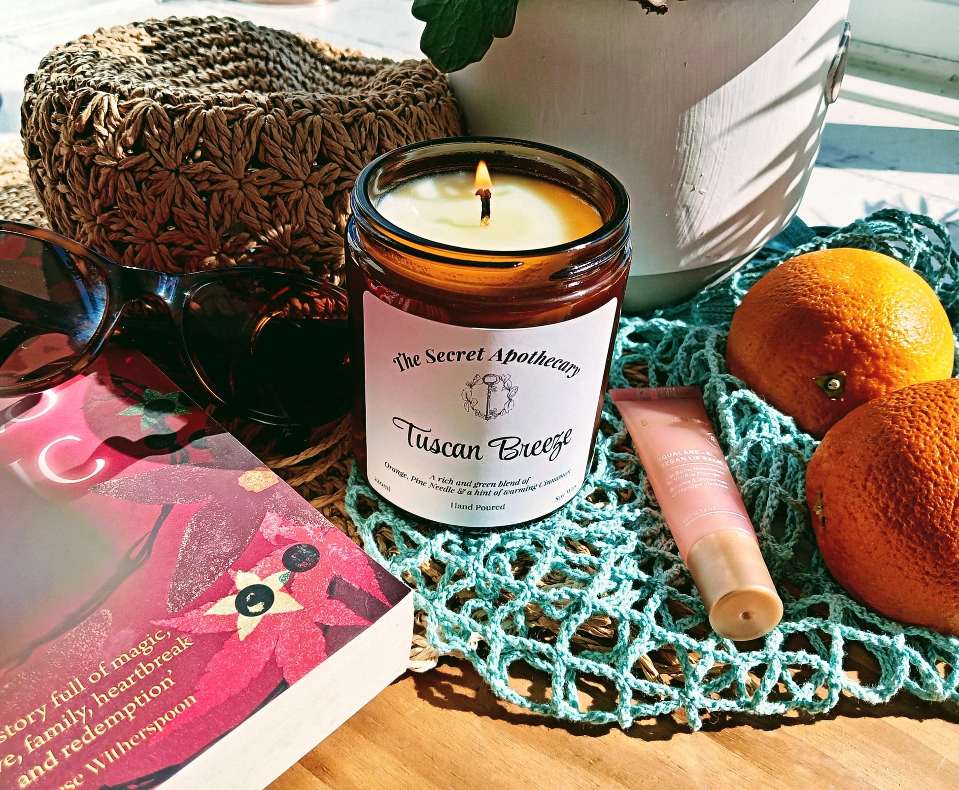 Tuscan Breeze - Luxury Scented Candle. 100% organic soy wax candle with premium essential oils in amber glass jar.
