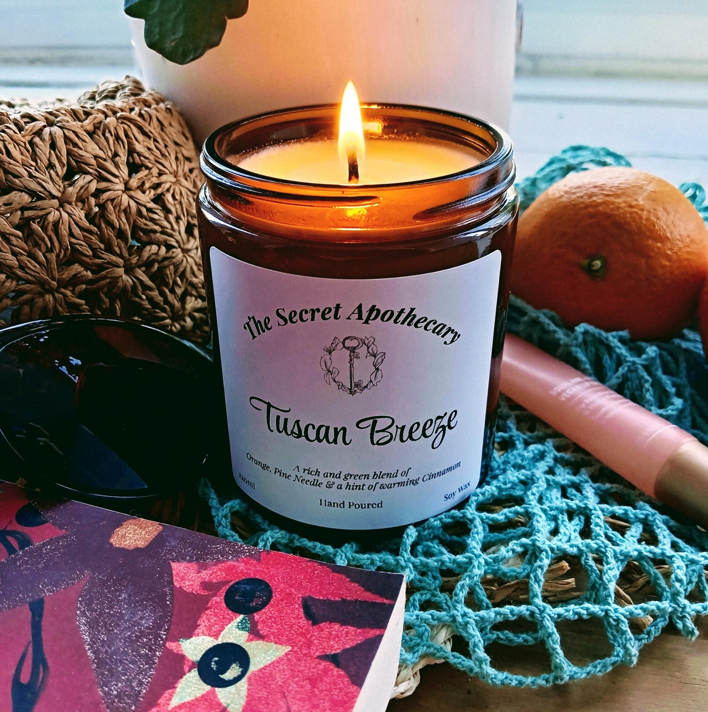 Tuscan Breeze - Luxury Scented Candle. 100% organic soy wax candle with premium essential oils in amber glass jar.