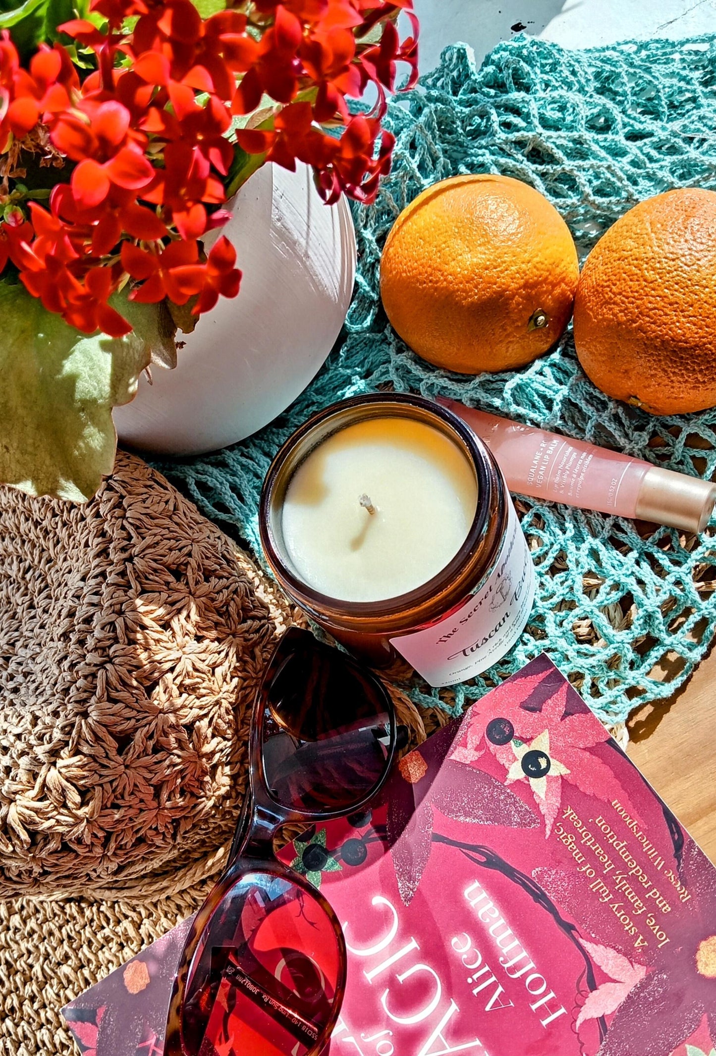 Tuscan Breeze - Luxury Scented Candle. 100% organic soy wax candle with premium essential oils in amber glass jar.
