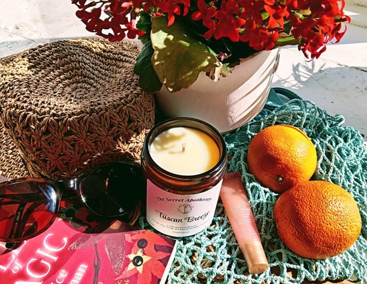 Tuscan Breeze - Luxury Scented Candle. 100% organic soy wax candle with premium essential oils in amber glass jar.