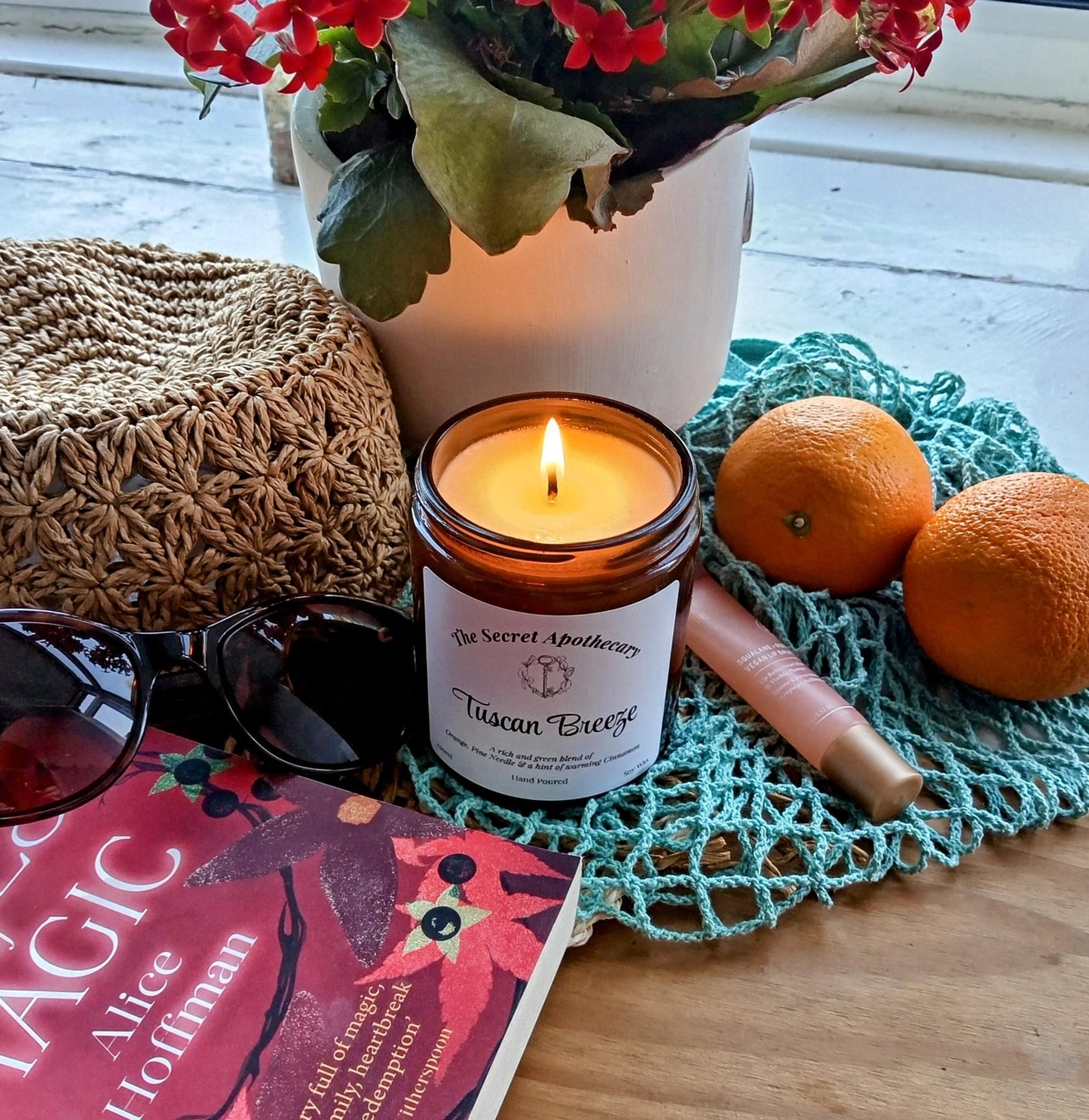 Tuscan Breeze - Luxury Scented Candle. 100% organic soy wax candle with premium essential oils in amber glass jar.