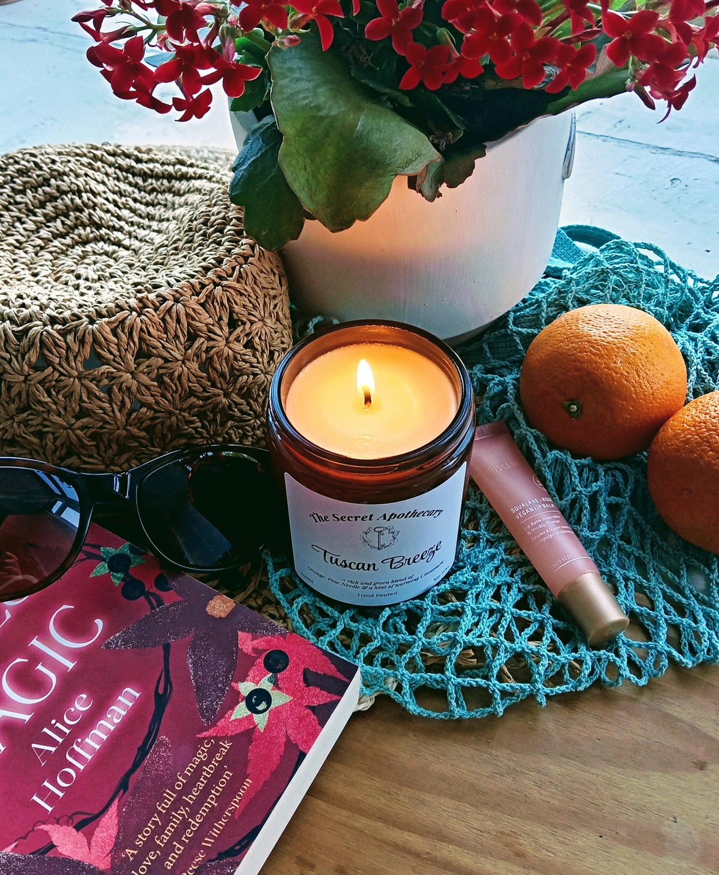 Tuscan Breeze - Luxury Scented Candle. 100% organic soy wax candle with premium essential oils in amber glass jar.