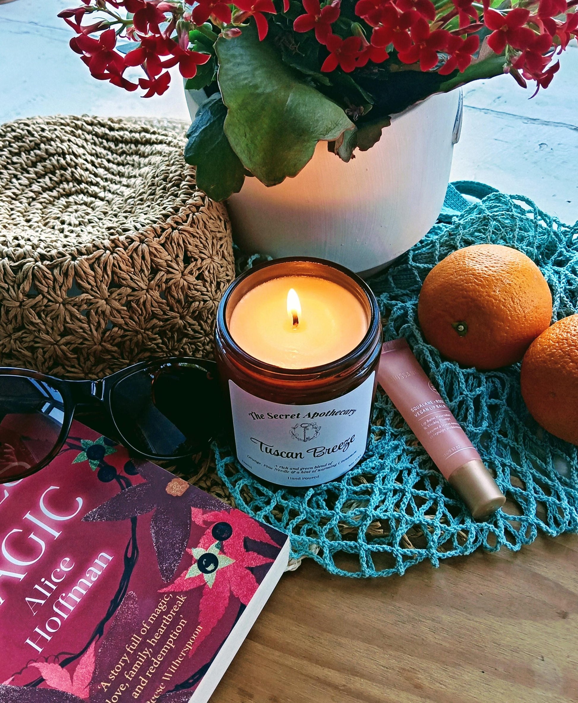 Tuscan Breeze - Luxury Scented Candle. 100% organic soy wax candle with premium essential oils in amber glass jar.