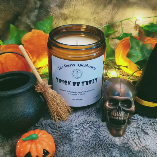 Trick or Treat Luxury Scented Candle - 100% Organic Soy Wax with Premium Essential Oils in Amber Glass Jar. Eco Friendly.