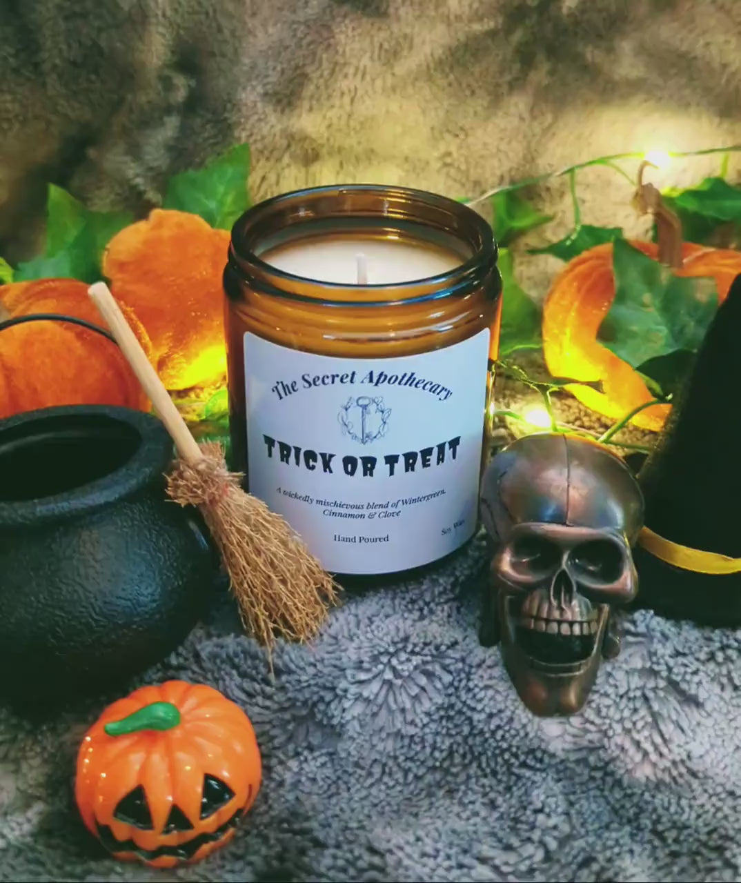 Trick or Treat Luxury Scented Candle - 100% Organic Soy Wax with Premium Essential Oils in Amber Glass Jar. Eco Friendly.